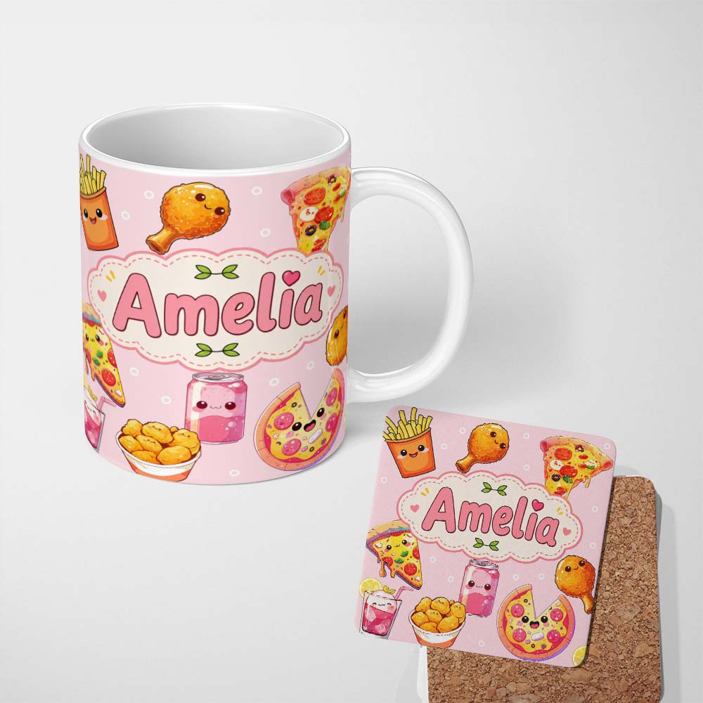 Personalized Custom Name Cute Kawaii Fast Food Pizza Chicken Soda Blush Pink Background 11oz Ceramic Coffee Tea Mug White Large Handle