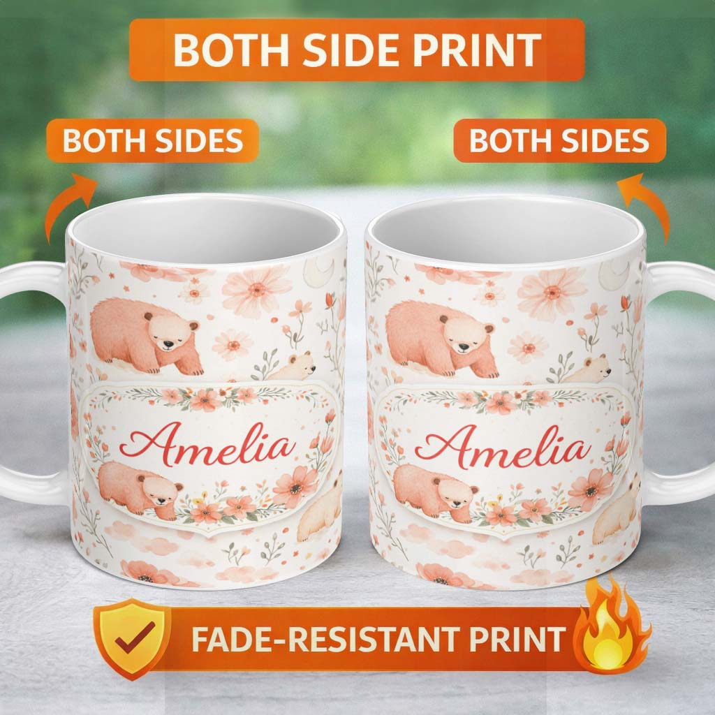 Personalized Custom Name Cute Bear Floral Woodland Nursery Pattern Seamless Watercolour 11oz Ceramic Coffee Tea Mug White Large Handle