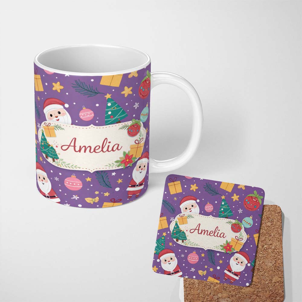 Personalized Custom Name Cute Christmas Santa Tree Gift Cartoon Seamless Pattern Lovely 11oz Ceramic Coffee Tea Mug White Large Handle