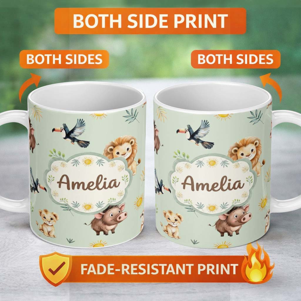 Personalized Custom Name Jungle Animals Lion Meerkat Toucan Boar on Sage Green Seamless 11oz Ceramic Coffee Tea Mug White Large Handle