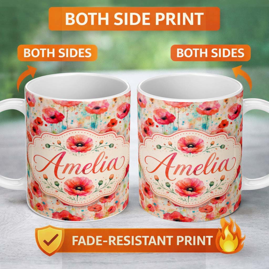 Personalized Custom Name Dreamy Red Poppy Flowers with Paint Drip Effect Seamless Pattern 11oz Ceramic Coffee Tea Mug White Large Handle