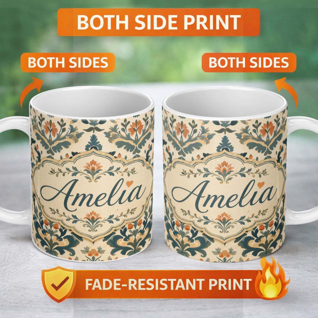 Personalized Custom Name Classic Ornamental Damask Floral Symmetry Seamless Pattern Lovely 11oz Ceramic Coffee Tea Mug White Large Handle