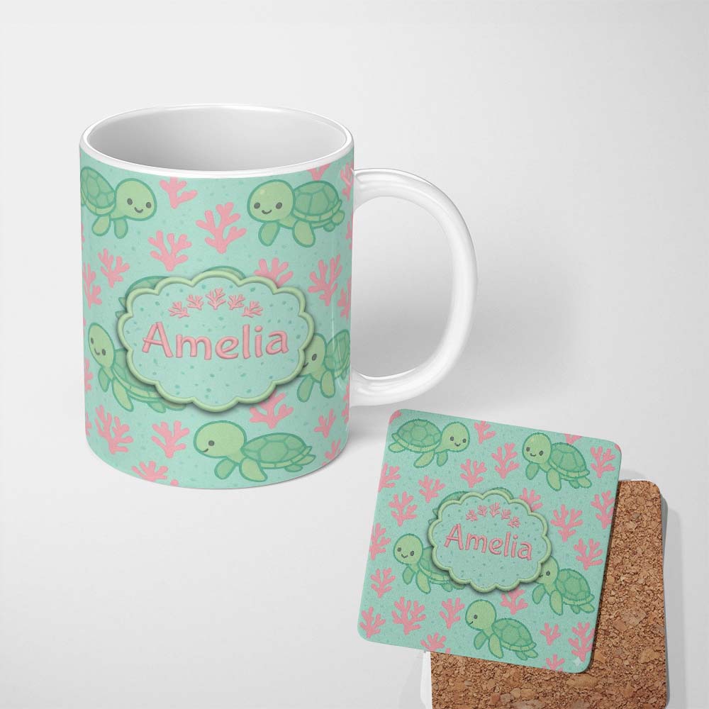 Personalized Custom Name Cute Sea Turtle Coral Cartoon Animal Pattern Charming Kitchen Decor 11oz Ceramic Coffee Tea Mug White Large Handle