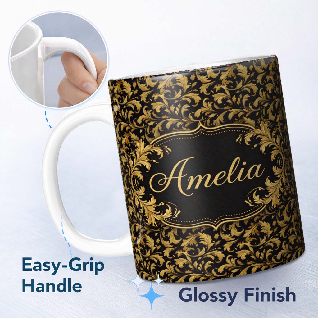 Personalized Custom Name Black Gold Baroque Floral Seamless Pattern Luxury Vintage Ornamental 11oz Ceramic Coffee Tea Mug White Large Handle