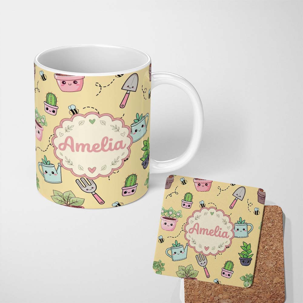 Personalized Custom Name Cute Kawaii Garden Tools Plants Bees Seamless Pattern Yellow Lovely 11oz Ceramic Coffee Tea Mug White Large Handle