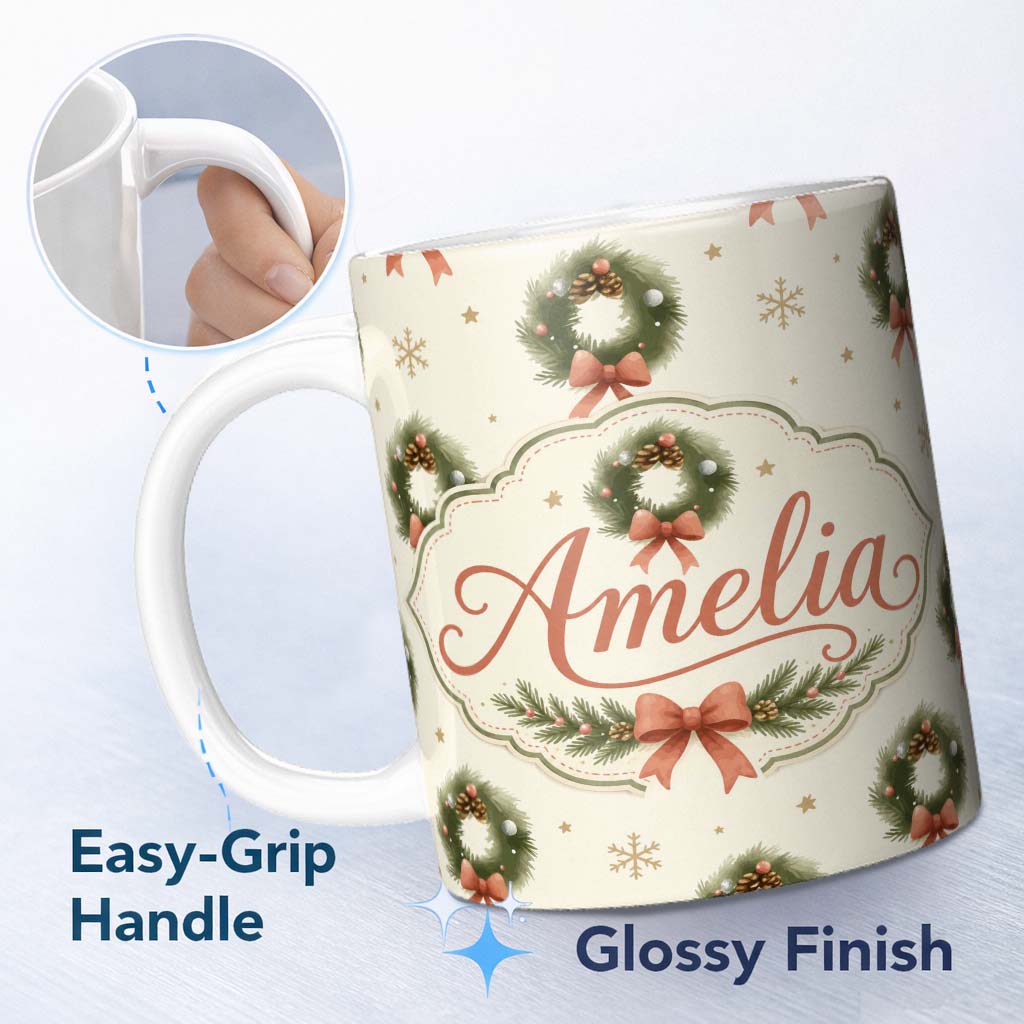 Personalized Custom Name Watercolor Christmas Wreath Bow Pinecone Snowflake Seamless Pattern 11oz Ceramic Coffee Tea Mug White Large Handle