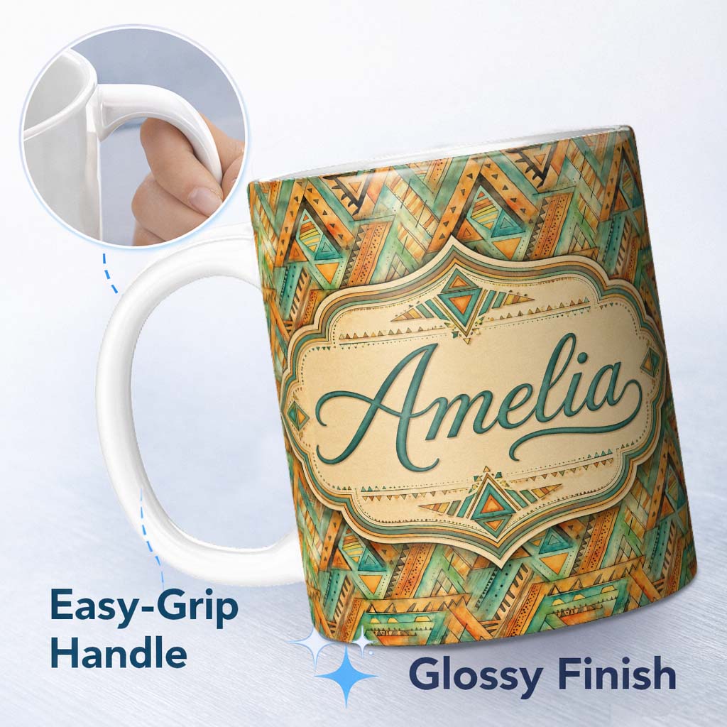 Personalized Custom Name Boho Tribal Geometric Watercolor Shapes Seamless Pattern Design 11oz Ceramic Coffee Tea Mug White Large Handle