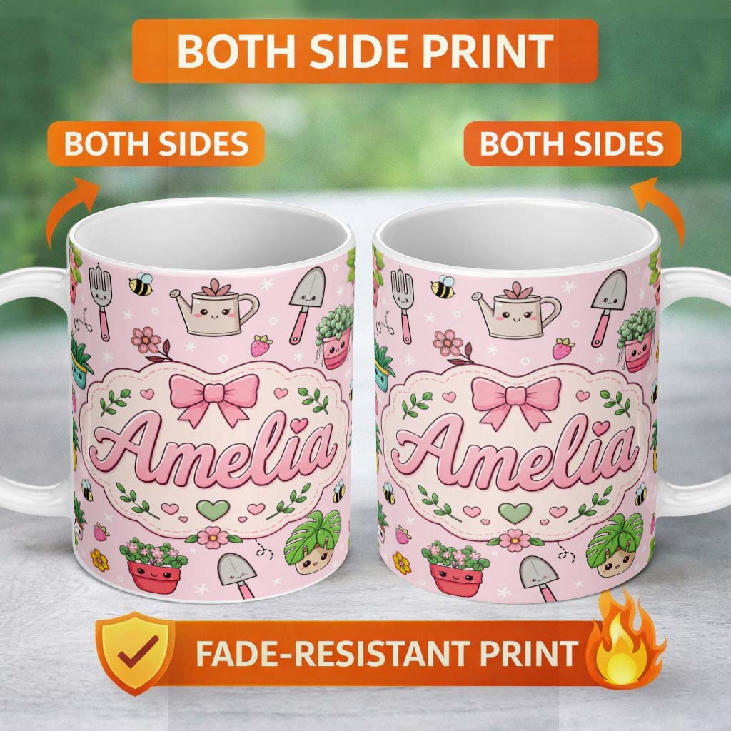 Personalized Custom Name Cute Kawaii Garden Tools Plants Bees Seamless Pattern Pink Floral 11oz Ceramic Coffee Tea Mug White Large Handle