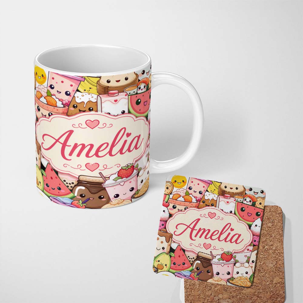 Personalized Custom Name Cute Kawaii Food Characters Seamless Pattern Cream Background Fun 11oz Ceramic Coffee Tea Mug White Large Handle