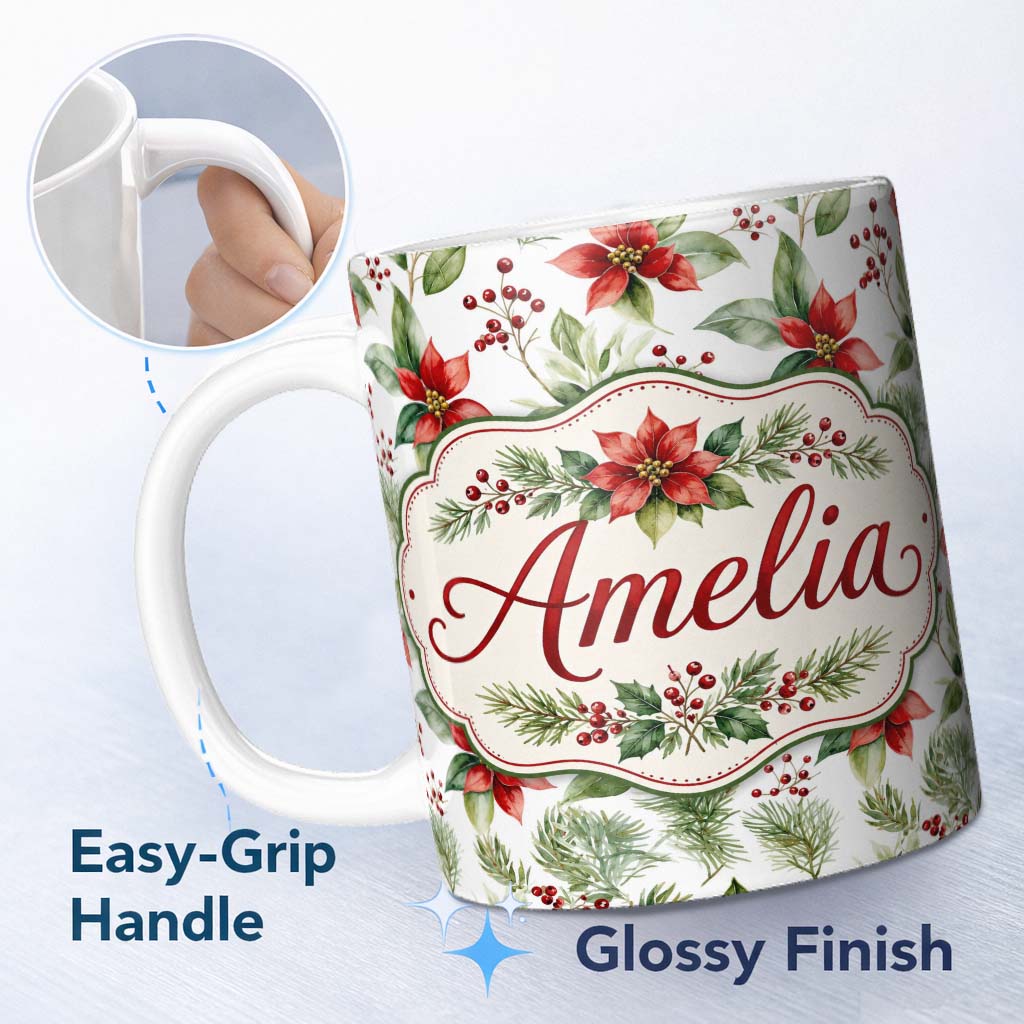 Personalized Custom Name Watercolor Poinsettia Flowers Holly Leave Red Berries Seamless 11oz Ceramic Coffee Tea Mug White Large Handle
