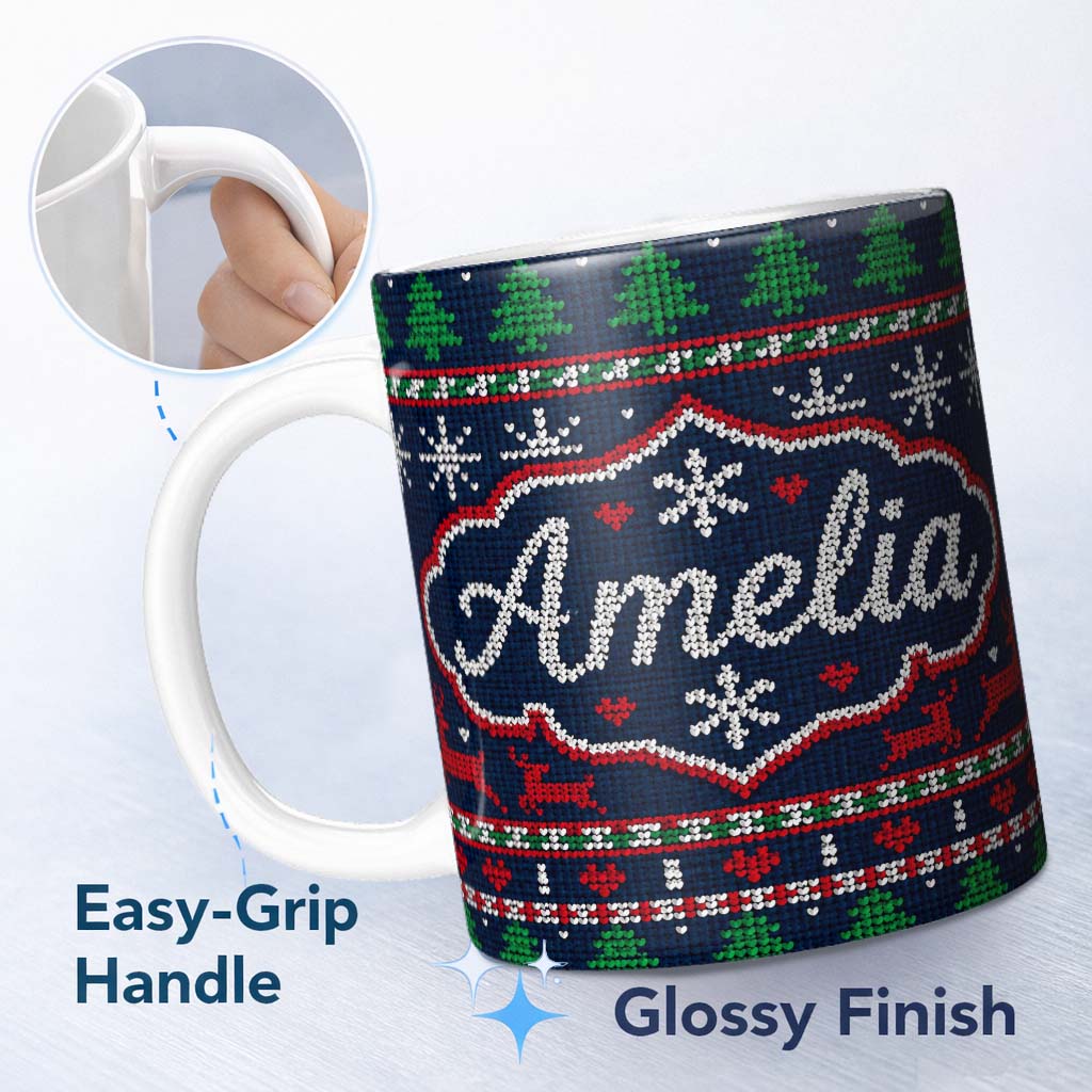 Personalized Custom Name Blue Red Christmas Reindeer Snowflake Knit Seamless Pattern Lovely 11oz Ceramic Coffee Tea Mug White Large Handle