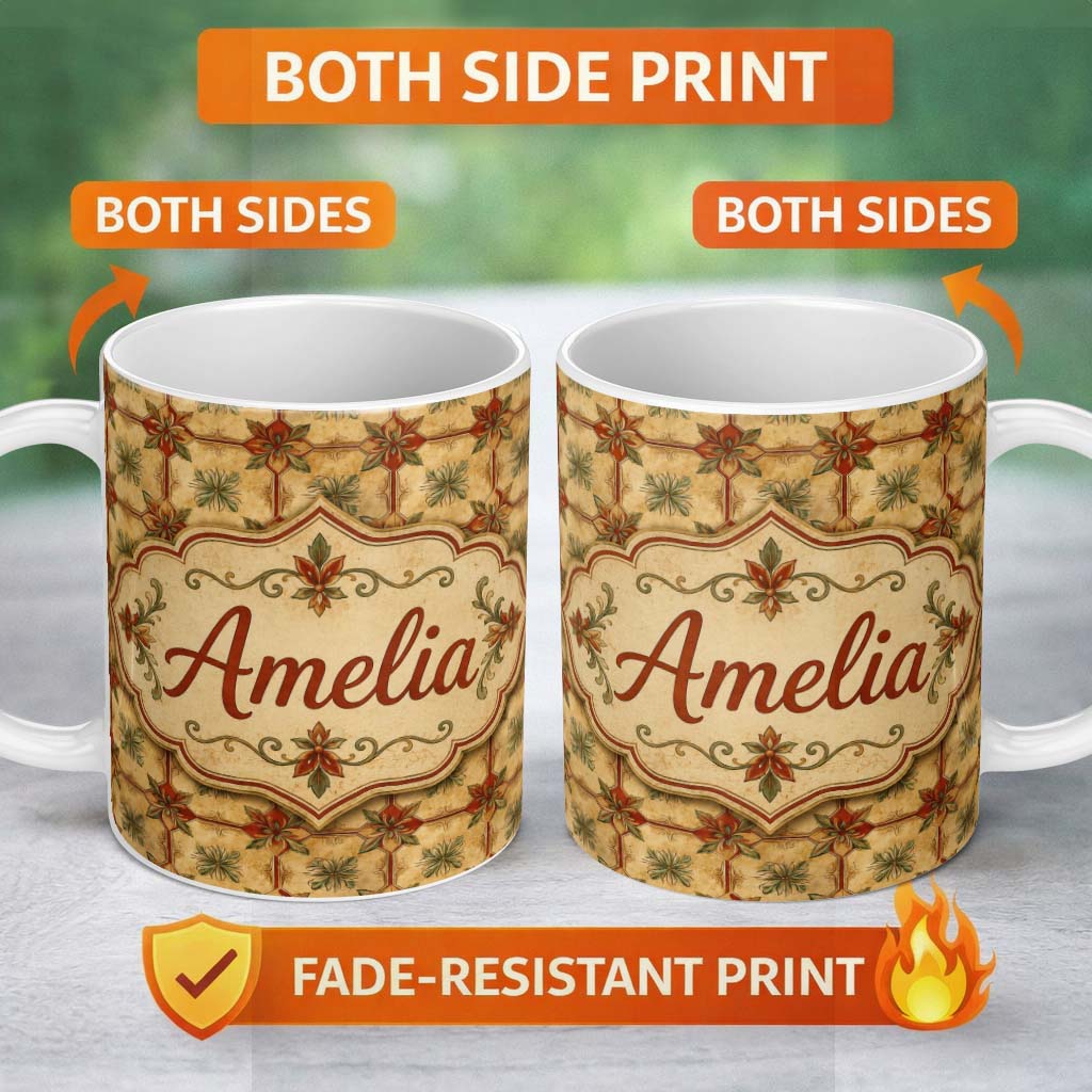 Personalized Custom Name Vintage Floral Tile Pattern in Warm Beige and Terracotta Geometric 11oz Ceramic Coffee Tea Mug White Large Handle