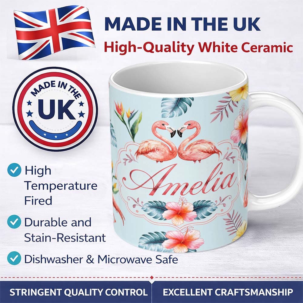 Personalized Custom Name Elegant Pink Flamingos Tropical Flowers on Blue Background Seamless 11oz Ceramic Coffee Tea Mug White Large Handle