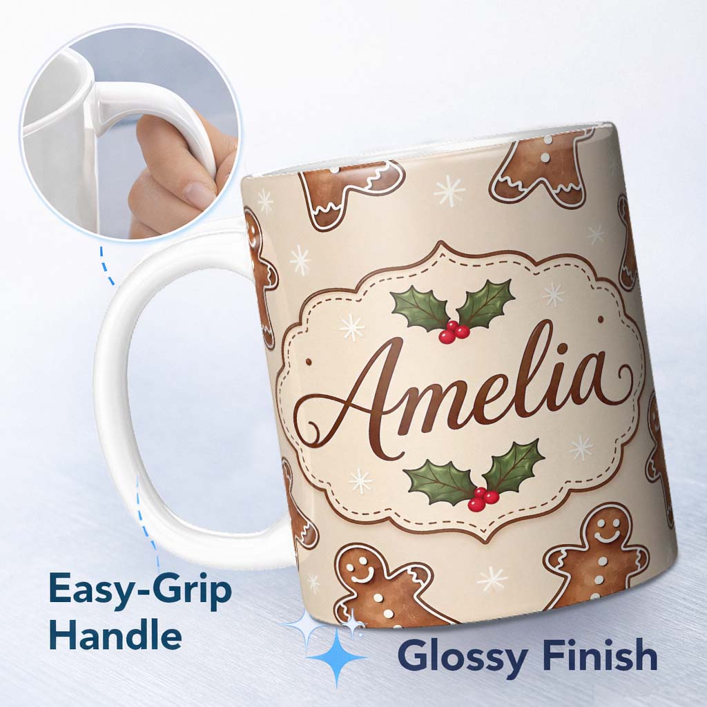 Personalized Custom Name Gingerbread Cookies Holly Leaves Festive Christmas Seamless Pattern 11oz Ceramic Coffee Tea Mug White Large Handle