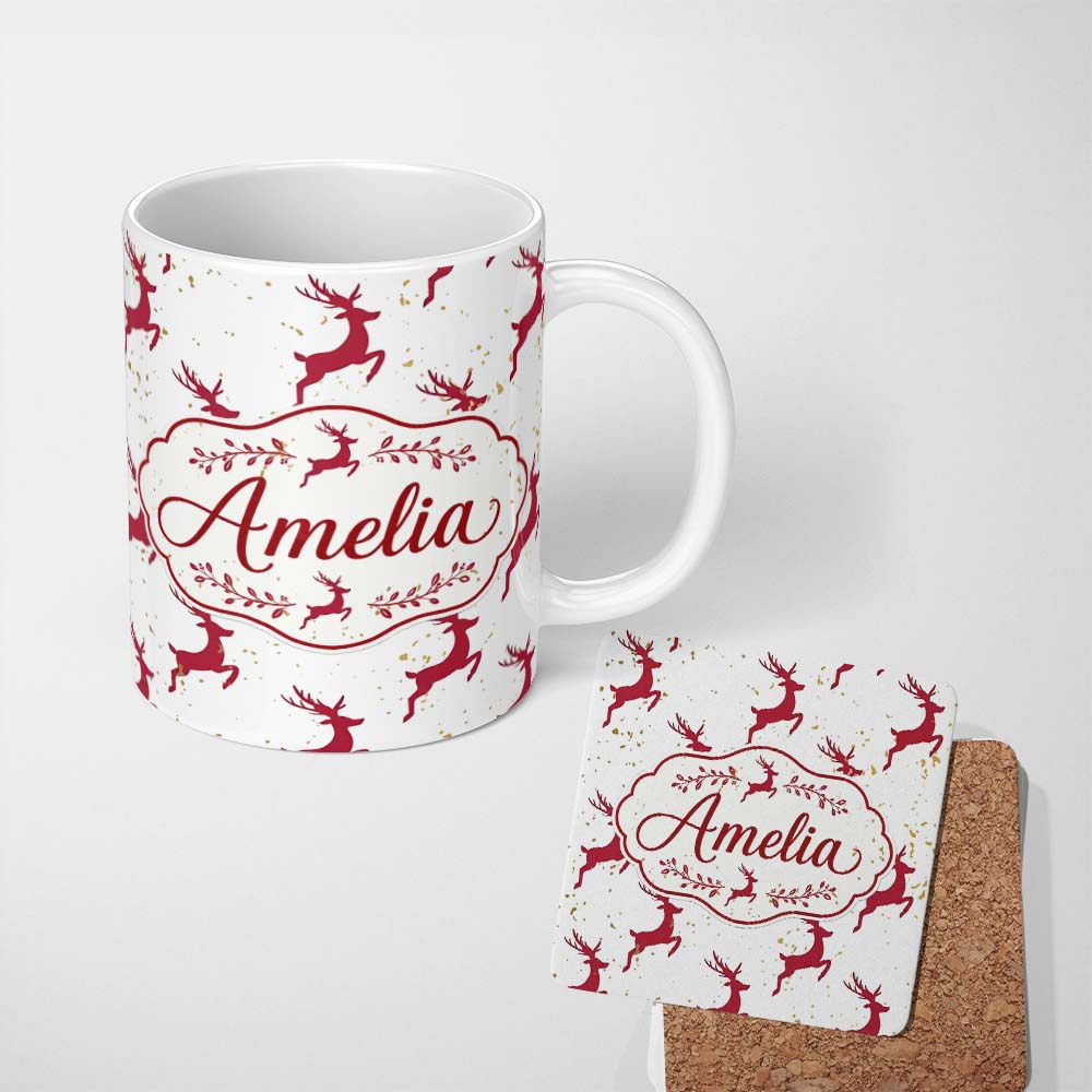 Personalized Custom Name Elegant Red Reindeer Gold Splash Festive Christmas Seamless Pattern 11oz Ceramic Coffee Tea Mug White Large Handle