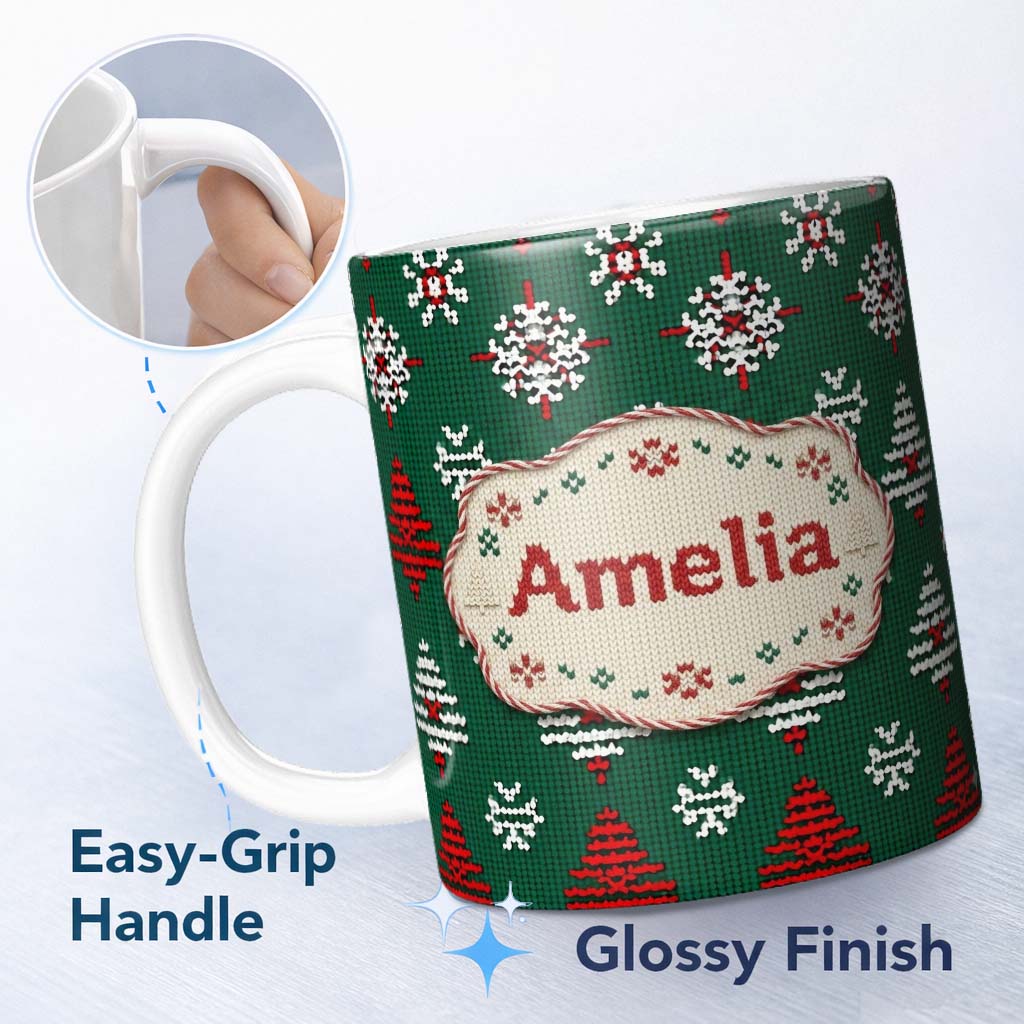 Personalized Custom Name Cute Green Knitted Christmas Tree Reindeer Snowflake Nordic Seamless 11oz Ceramic Coffee Tea Mug White Large Handle