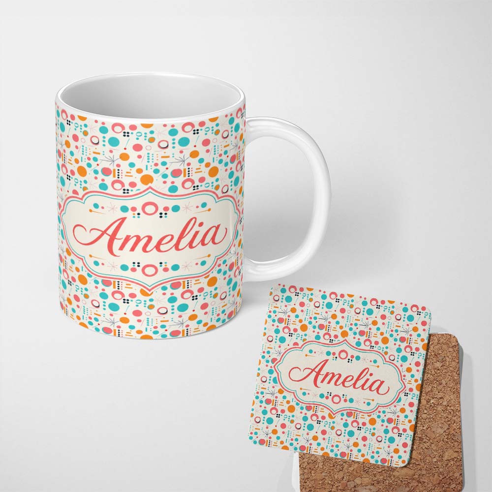Personalized Custom Name Mid Century Modern Geometric Circles and Lines Colour Palette Lovely 11oz Ceramic Coffee Tea Mug White Large Handle