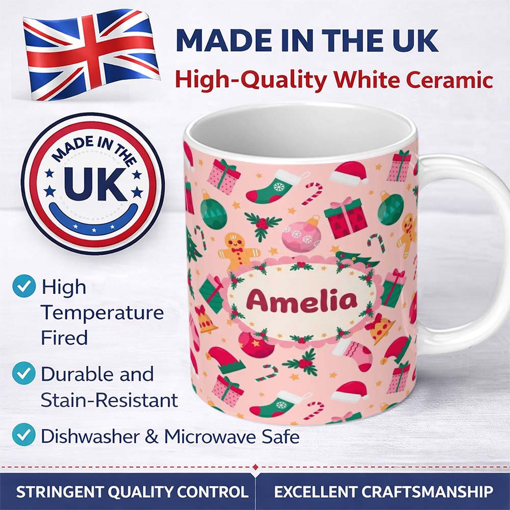 Personalized Custom Name Cute Gingerbread Candy Cane Christmas Seamless Pattern Lovely 11oz Ceramic Coffee Tea Mug White Large Handle
