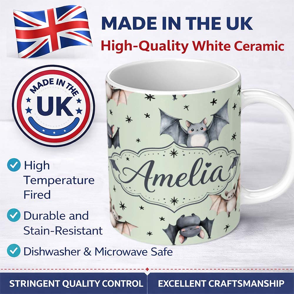 Personalized Custom Name Cute Watercolor Bats and Stars Seamless Pattern Soft Green Lovely 11oz Ceramic Coffee Tea Mug White Large Handle