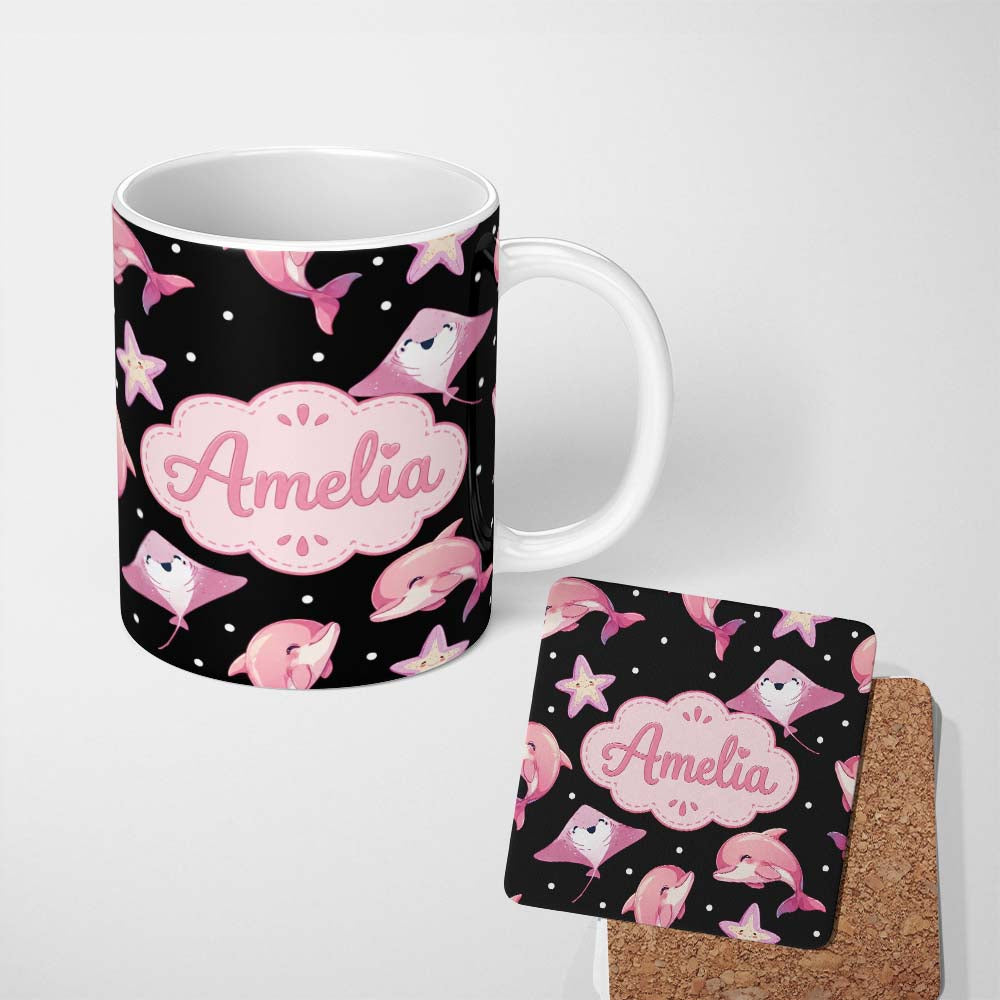 Personalized Custom Name Cute Pink Dolphins and Starfish Seamless Ocean Pattern Light Grey 11oz Ceramic Coffee Tea Mug White Large Handle