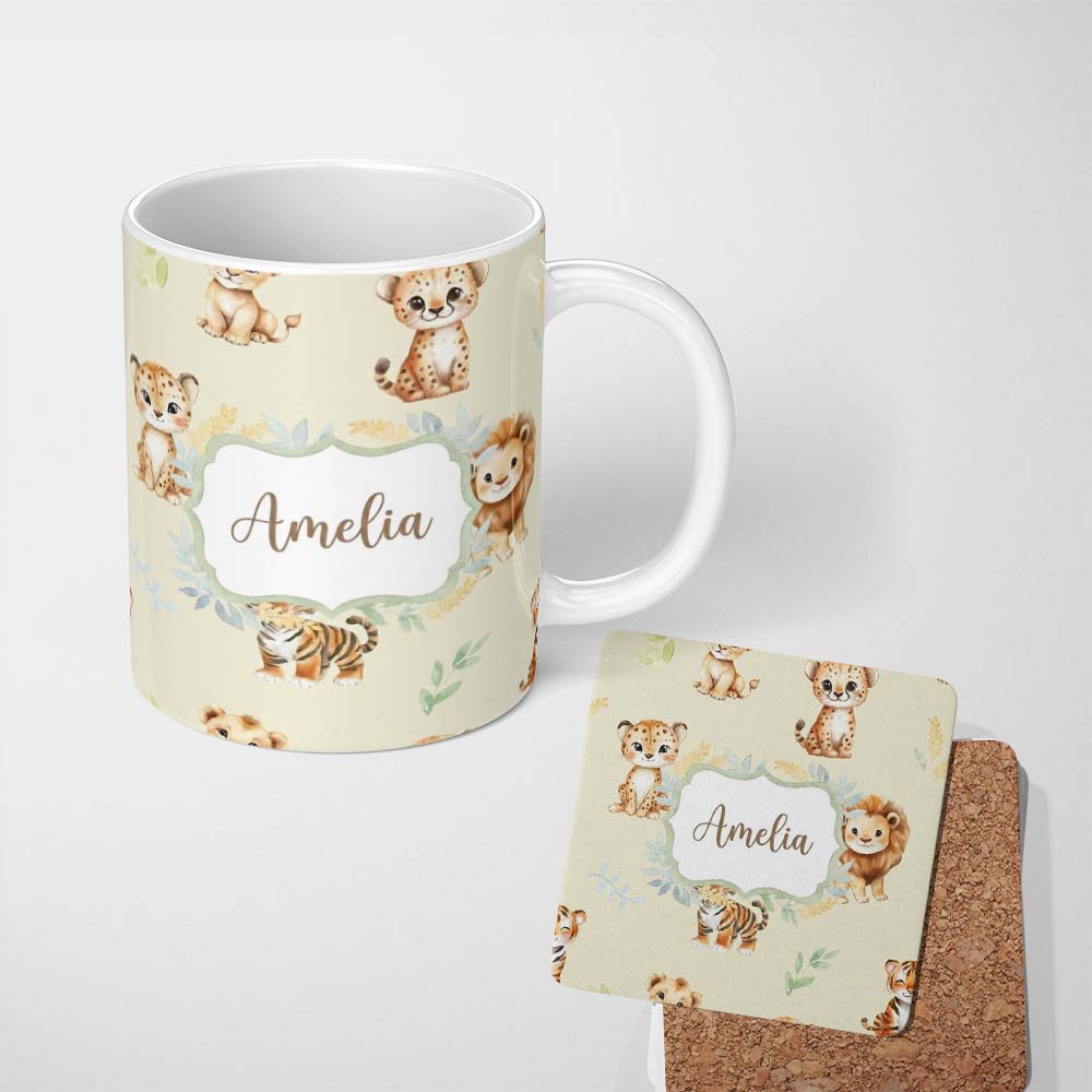Personalized Custom Name Baby Safari Animals Leopard Tiger Lion on Soft Cream Seamless 11oz Ceramic Coffee Tea Mug White Large Handle