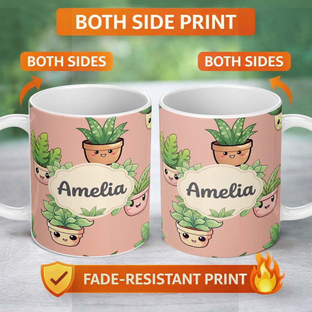 Personalized Custom Name Cute Kawaii Smiling Plant Pots Leaves Seamless Pattern Beige Lovely 11oz Ceramic Coffee Tea Mug White Large Handle