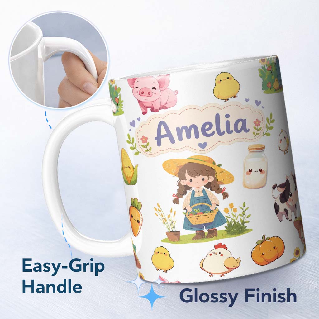 Personalized Custom Name Cute Farm Girl Pig Cow Chicken Corn Milk White Background Seamless 11oz Ceramic Coffee Tea Mug White Large Handle
