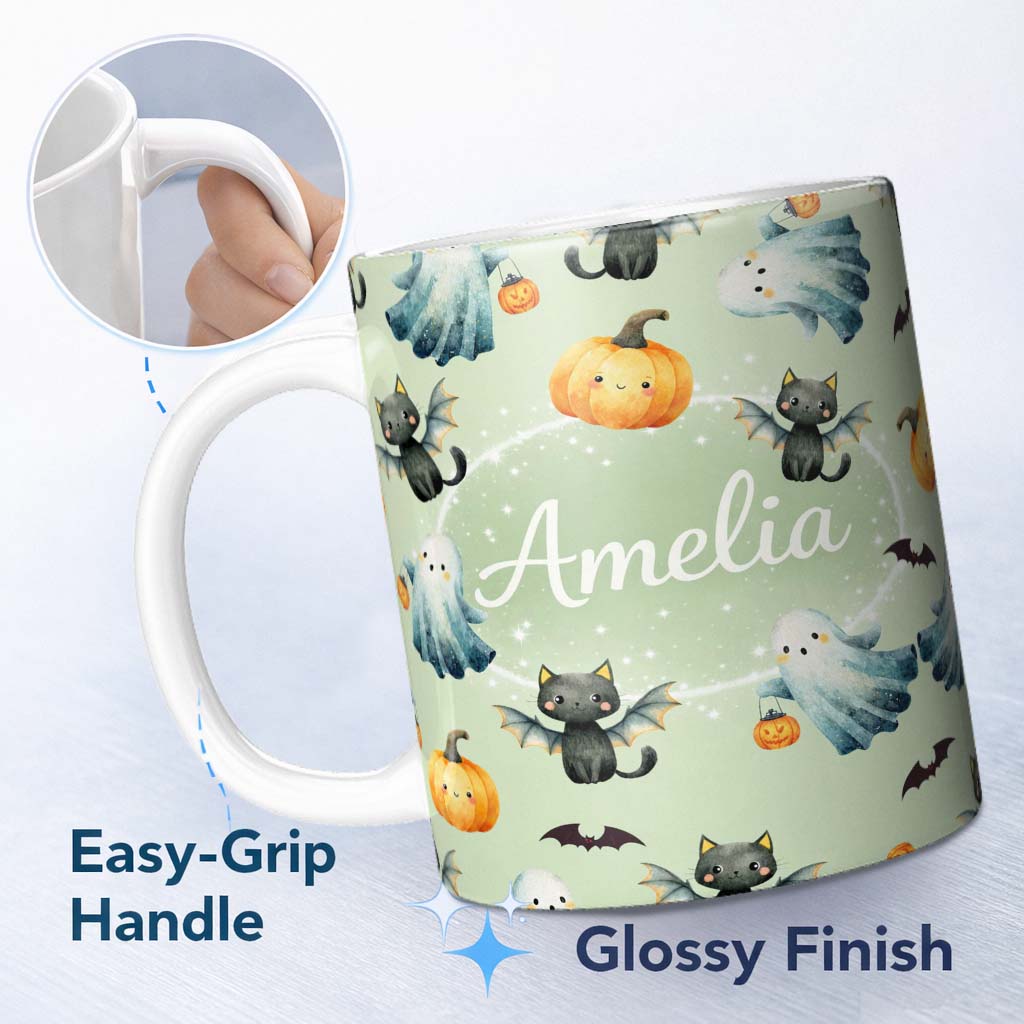 Personalized Custom Name Halloween Ghost Pumpkin Cat Seamless Pattern Sage Cute Spooky Design 11oz Ceramic Coffee Tea Mug White Large Handle