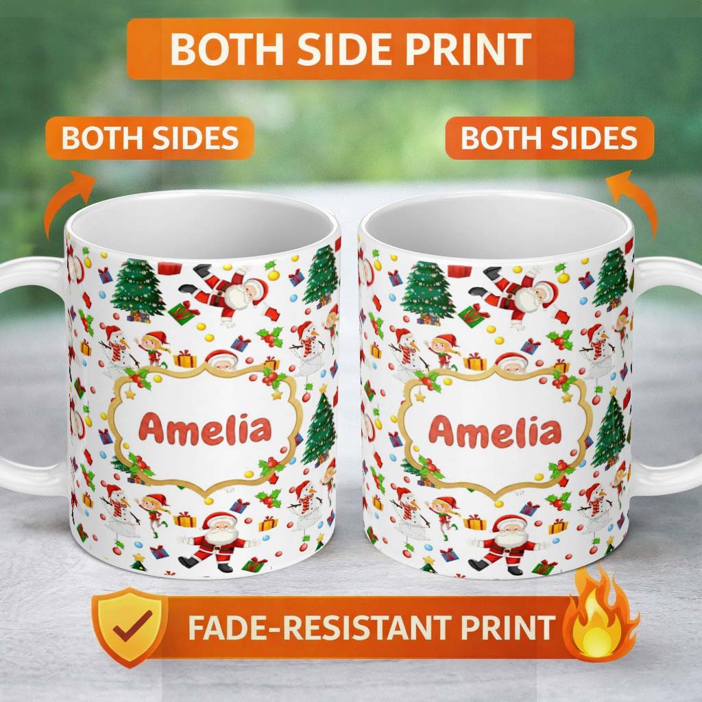 Personalized Custom Name Santa Snowman Christmas Tree Gift Seamless Pattern Design Holiday 11oz Ceramic Coffee Tea Mug White Large Handle