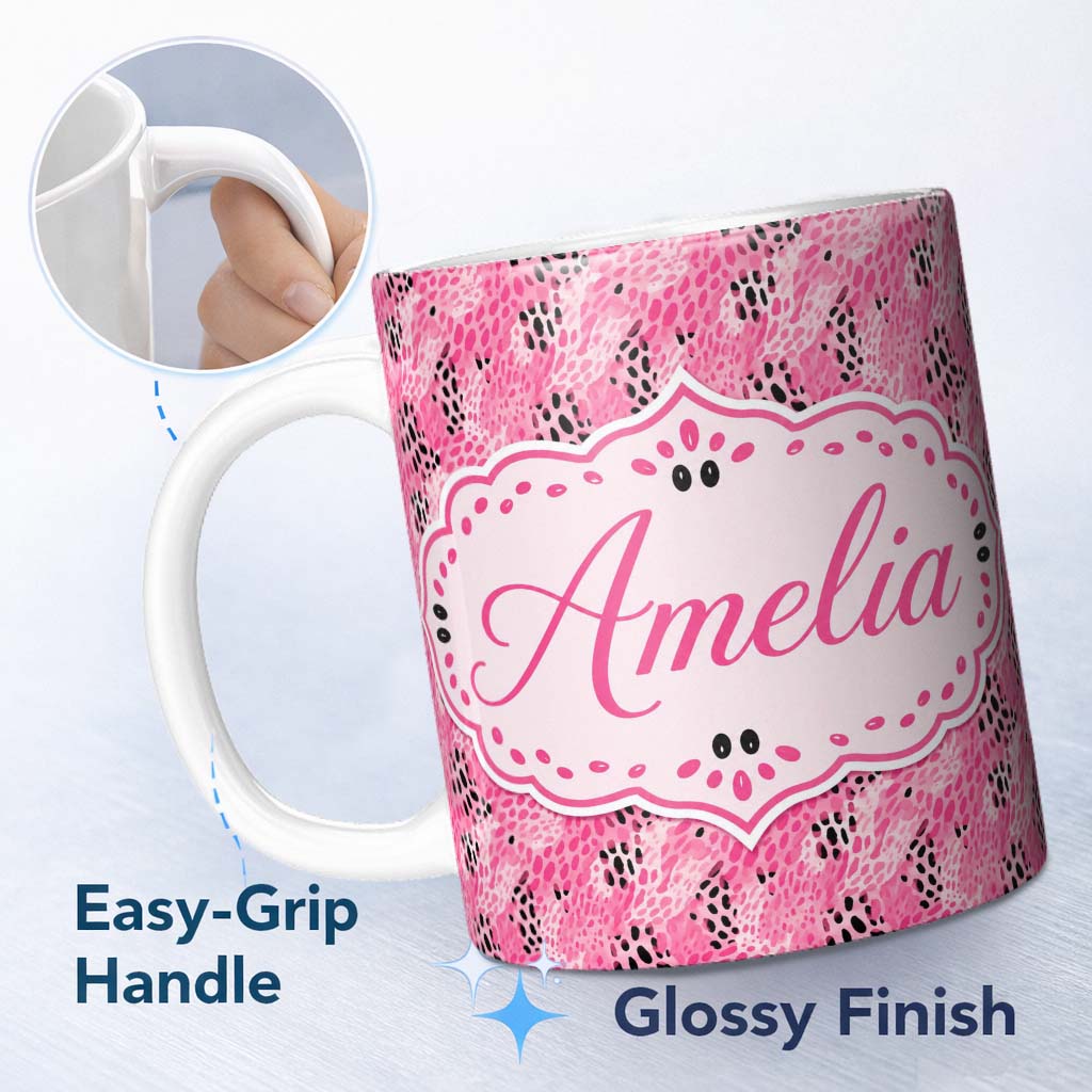 Personalized Custom Name Bold Pink and Black Abstract Animal Print Seamless Pattern Lovely 11oz Ceramic Coffee Tea Mug White Large Handle
