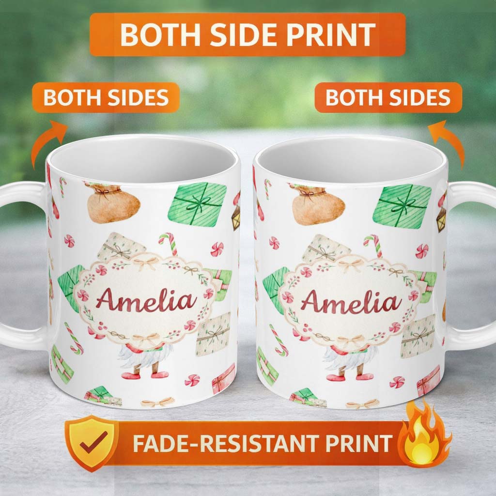 Personalized Custom Name Cute Christmas Gnome Present Candy Cane Holiday Seamless Pattern 11oz Ceramic Coffee Tea Mug White Large Handle