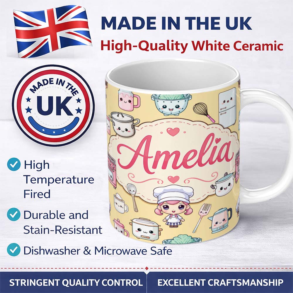 Personalized Custom Name Cute Kawaii Kitchen Utensils And Chef Girl Seamless Pattern Beige 11oz Ceramic Coffee Tea Mug White Large Handle