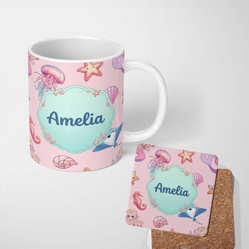 Personalized Custom Name Cute Blue Hair Mermaid Jellyfish Seahorse Soft Pink Background 11oz Ceramic Coffee Tea Mug White Large Handle