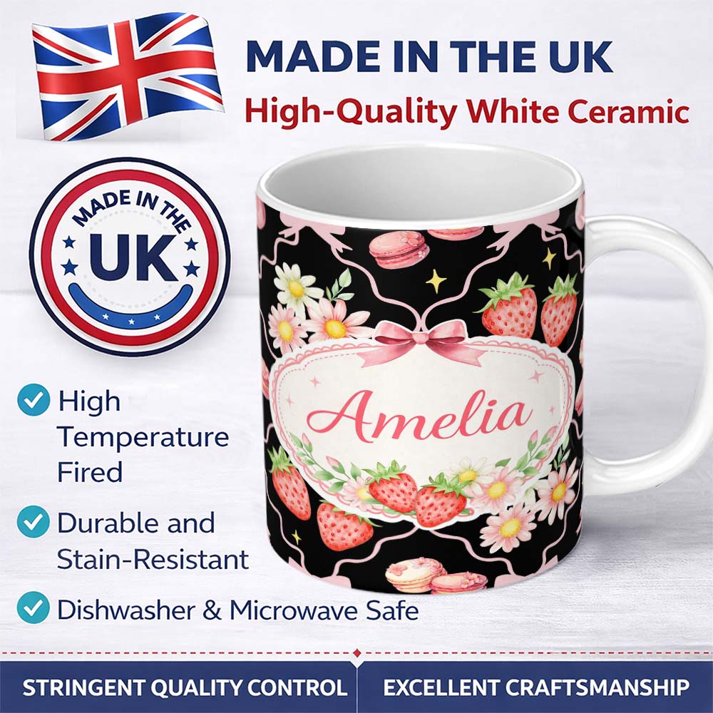 Personalized Custom Name Strawberry Cherry Daisy Soft Neutral Outline Cute Coquette Floral 11oz Ceramic Coffee Tea Mug White Large Handle