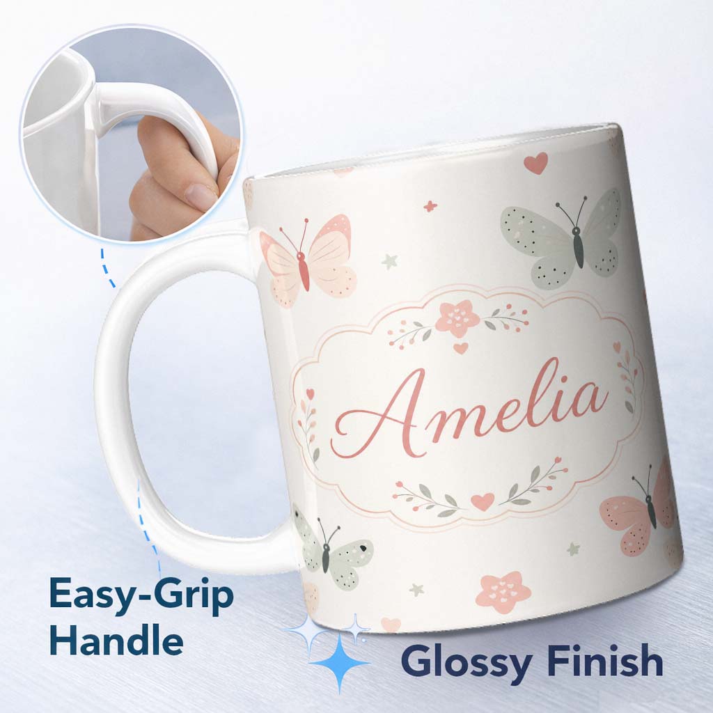 Personalized Custom Name Cute Pastel Butterflies and Hearts Minimal Seamless Pattern Lovely 11oz Ceramic Coffee Tea Mug White Large Handle