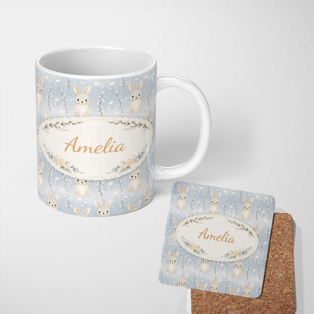 Personalized Custom Name Pastel Neutral Bunny Woodland Seamless Pattern Perfect Gift for Her 11oz Ceramic Coffee Tea Mug White Large Handle