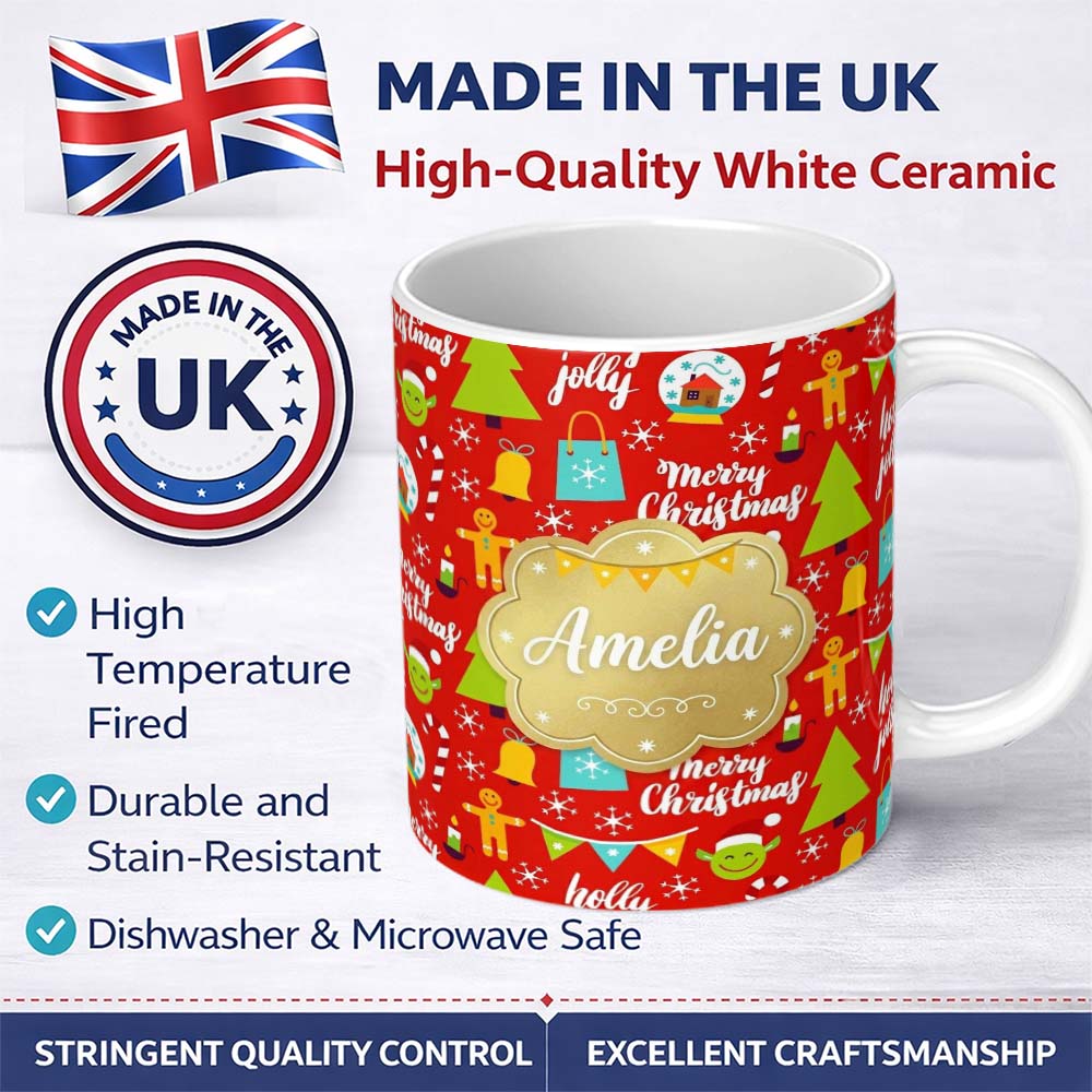 Personalized Custom Name Merry Christmas Holly Jolly Tree Candy Cane Snowflake Festive Lovely 11oz Ceramic Coffee Tea Mug White Large Handle