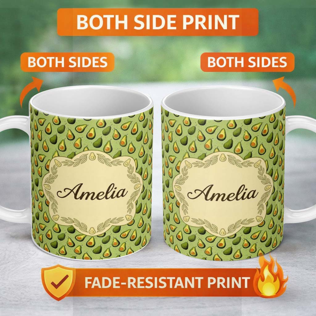 Personalized Custom Name Green Avocado Pear Seamless Pattern Textured Background Botanical 11oz Ceramic Coffee Tea Mug White Large Handle