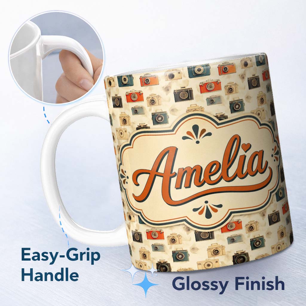 Personalized Custom Name Warm Vintage Camera Pattern with Wooden Texture Background Seamless 11oz Ceramic Coffee Tea Mug White Large Handle