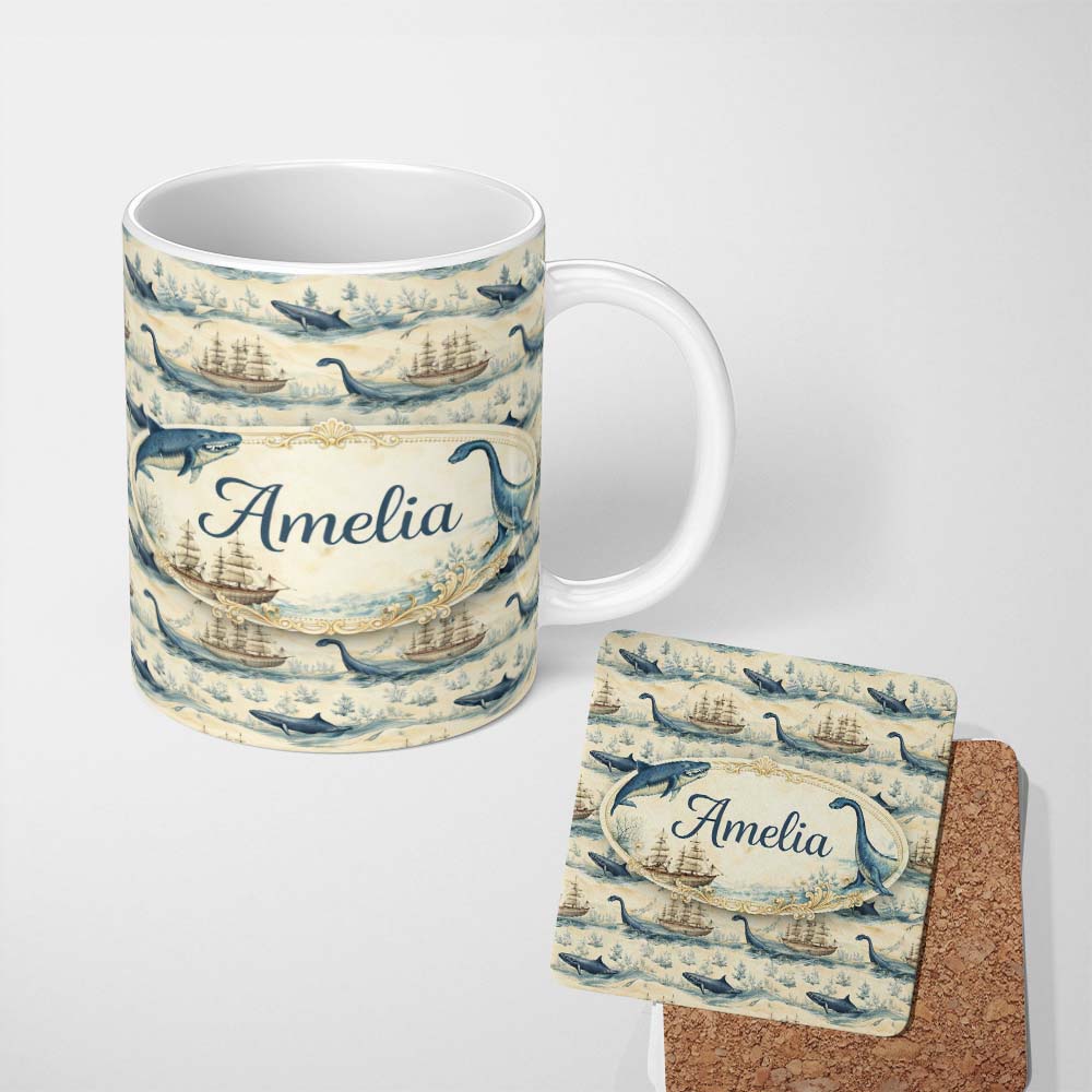 Personalized Custom Name Watercolour Whale Seamless Pattern Soft Ocean Marine Animal Design 11oz Ceramic Coffee Tea Mug White Large Handle