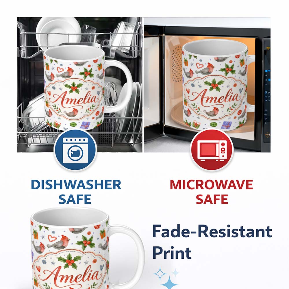 Personalized Custom Name Cute Cardinal Bird Holly Gift Heart Festive Seamless Pattern Lovely 11oz Ceramic Coffee Tea Mug White Large Handle