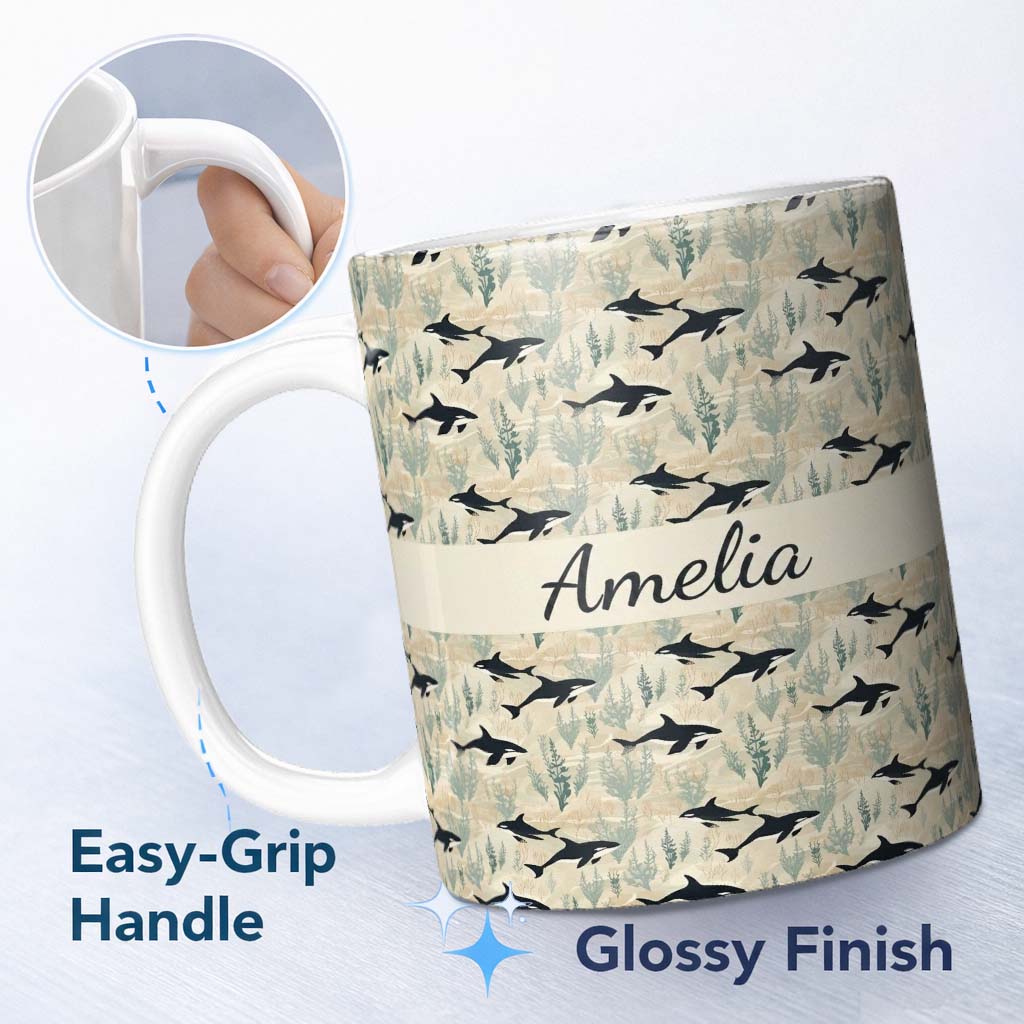 Personalized Custom Name Minimal Orca Whale and Seaweed Seamless Pattern Ocean Marine Life 11oz Ceramic Coffee Tea Mug White Large Handle