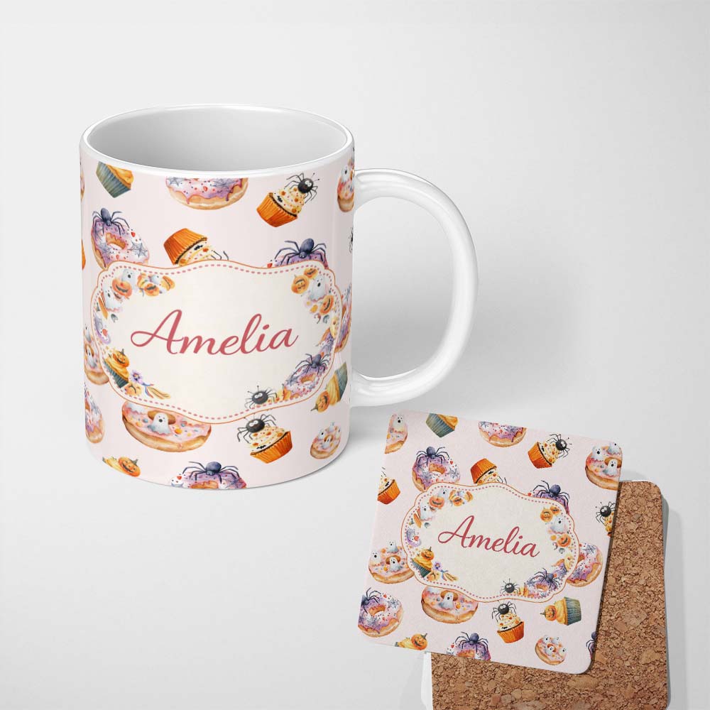 Personalized Custom Name Halloween Donuts Cupcakes and Spiders Seamless Pattern on Cream 11oz Ceramic Coffee Tea Mug White Large Handle