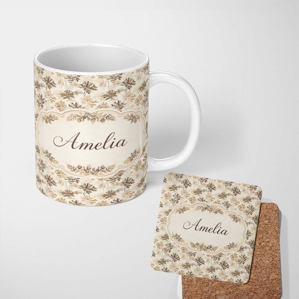 Personalized Custom Name Beige Botanical Floral Pattern with Delicate Leaves and Lovely 11oz Ceramic Coffee Tea Mug White Large Handle
