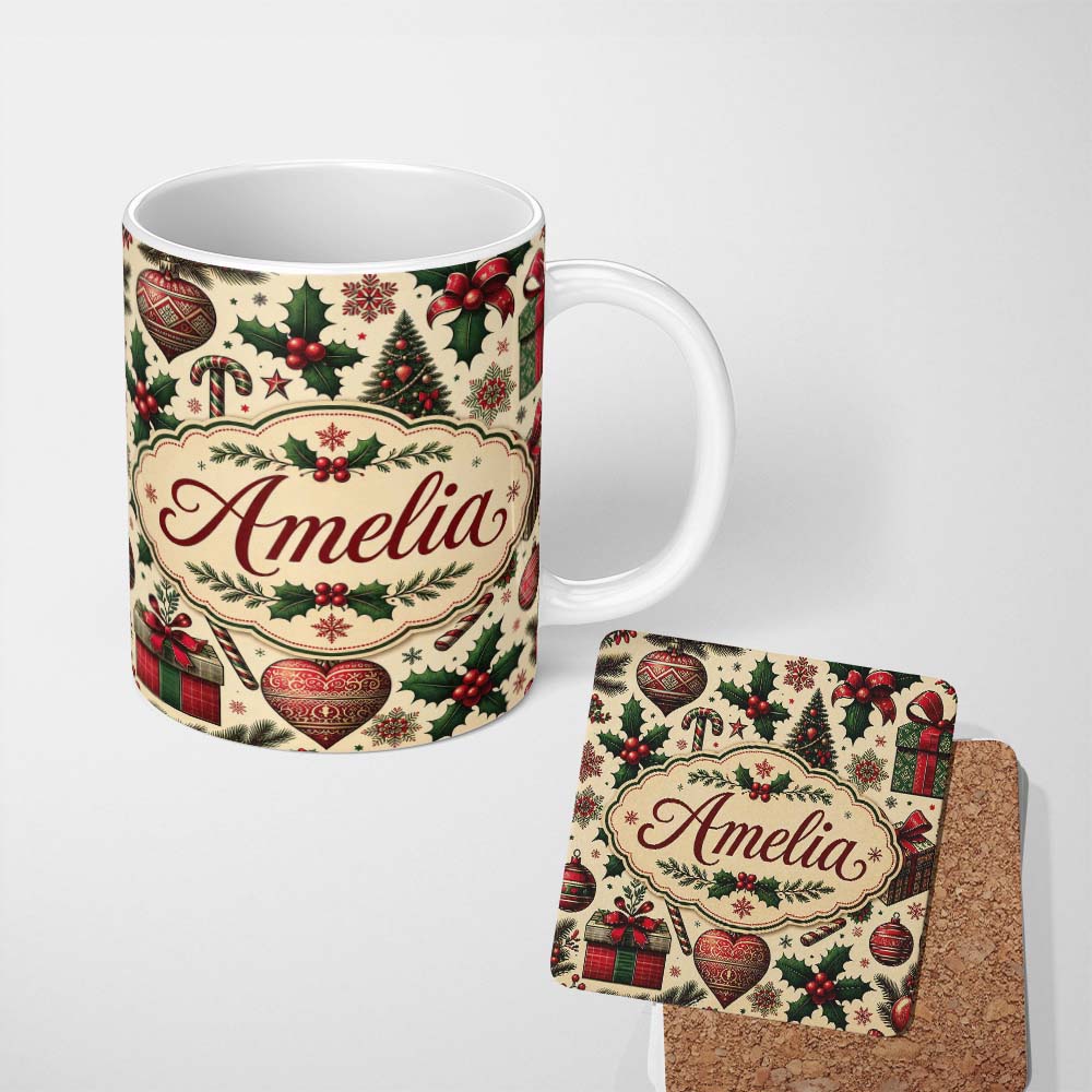 Personalized Custom Name Vintage Christmas Tree Candy Cane Gifts Holly Festive Holiday Design 11oz Ceramic Coffee Tea Mug White Large Handle