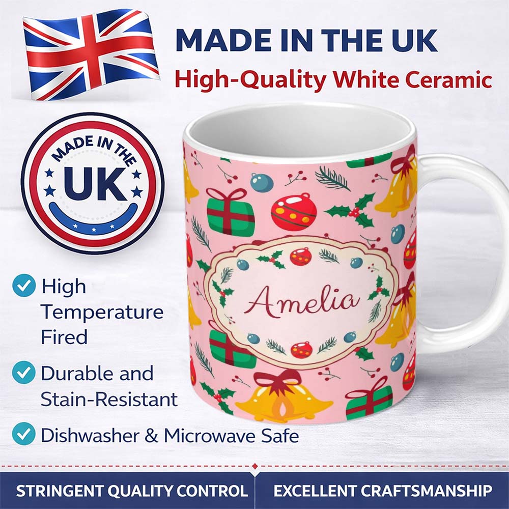 Personalized Custom Name Cute Christmas Bells Gift Box Holly Berry Seamless Pattern Lovely 11oz Ceramic Coffee Tea Mug White Large Handle
