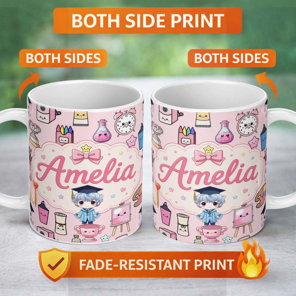 Personalized Custom Name Cute Kawaii Graduate Boy Science Art Supplies Seamless Pattern Pink 11oz Ceramic Coffee Tea Mug White Large Handle