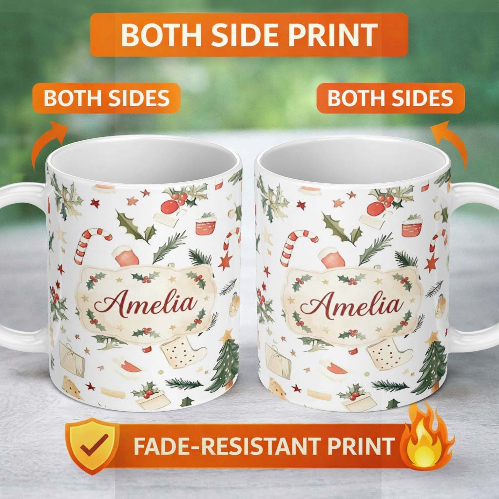 Personalized Custom Name Festive Holly Leaves Candy Cane Baubles Seamless Pattern Lovely 11oz Ceramic Coffee Tea Mug White Large Handle