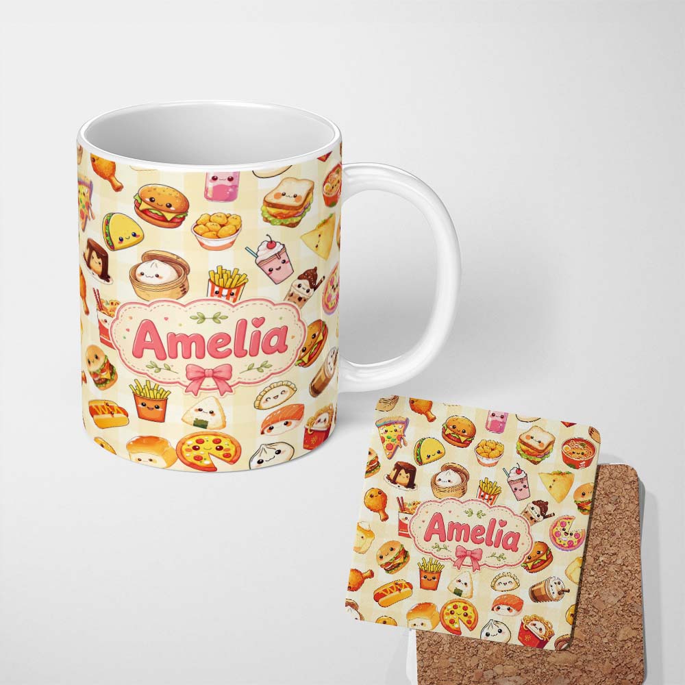 Personalized Custom Name Kawaii Fast Food Burger Sushi Taco Pizza Yellow Gingham Seamless 11oz Ceramic Coffee Tea Mug White Large Handle