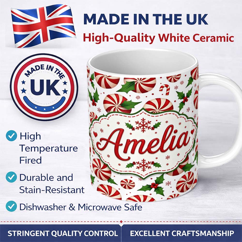 Personalized Custom Name Peppermint Candy Swirl Holly Berry Christmas Seamless Pattern Lovely 11oz Ceramic Coffee Tea Mug White Large Handle